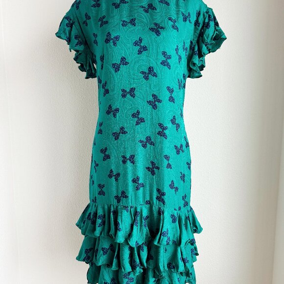 VINTAGE TEAL SILK DRESS WITH BOW PRINT - Picture 7 of 7